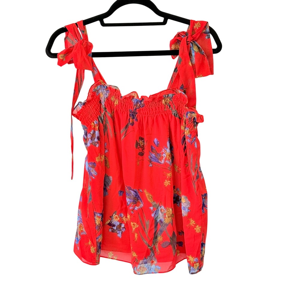 CeCe Red Floral Smocked Square Neck Tie Shoulder Tank Top Women's Size Medium